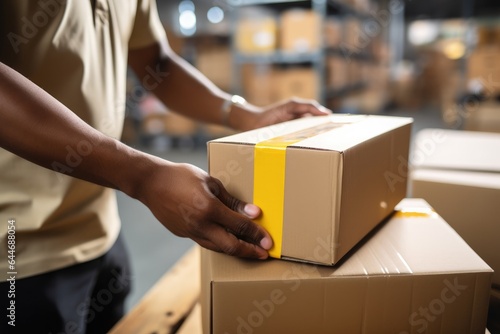 Person packing box in warehouse