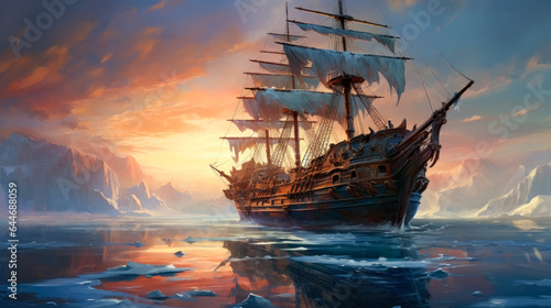 Ship sailing for the world in the ocean in the style of a matte painting. Gave pirate concept. 