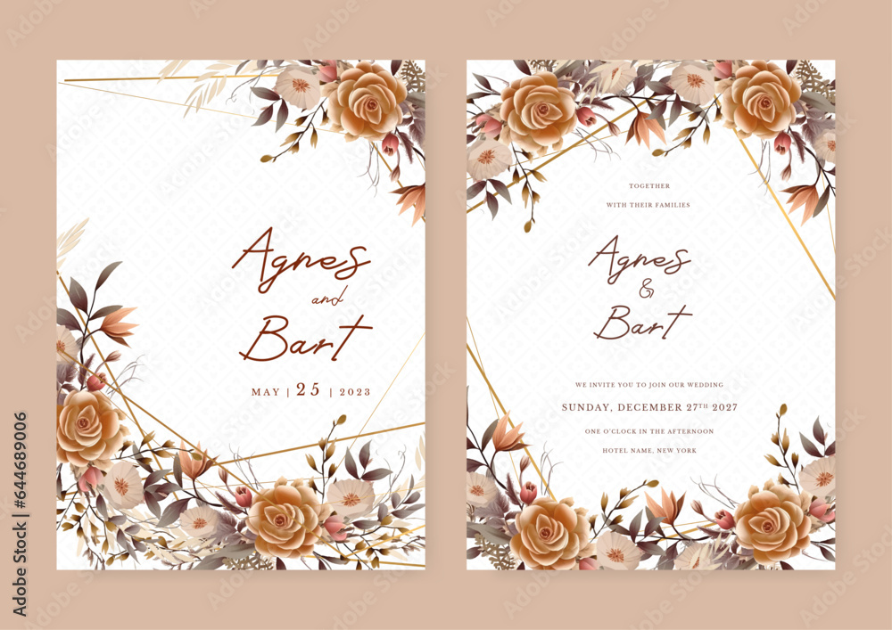Fototapeta premium Brown beige and white modern wedding invitation template with flora and flower