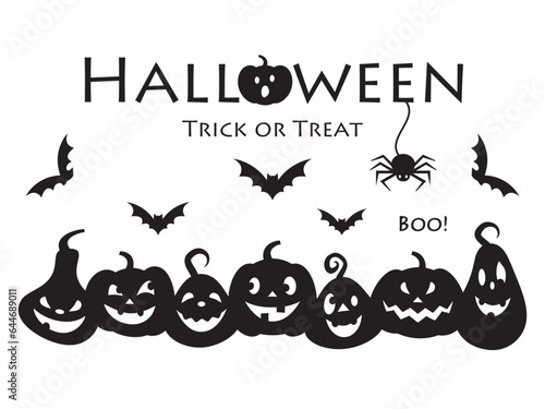 Silhouette of Halloween. Funny 7 pumpkins, bats and a spider. For posters postcards,flyer,invitation card,banner and stickers.