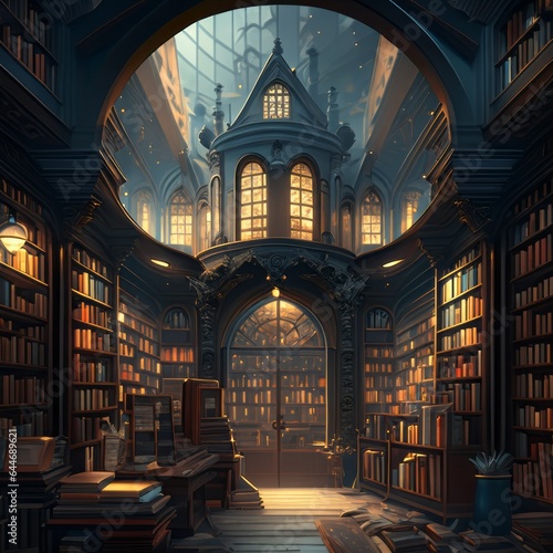 Ancient fantasy Library atmospheric old large library with many books an old library interior with bookshelf, Illustration style © Zuyu