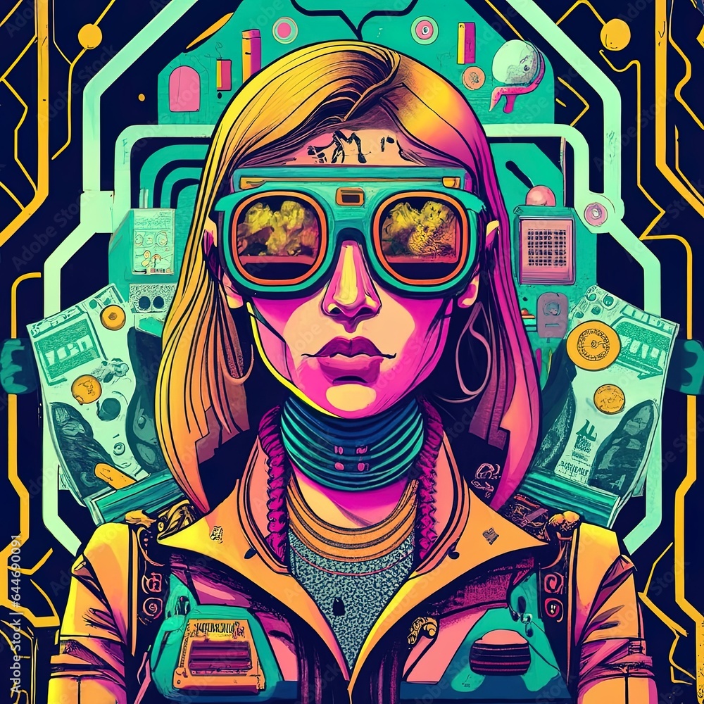 Girl with glasses cyberpunk futuristic digital drawing illustration technology