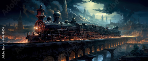 Steaming train on rail in background, in the style of fantasy art steampunk game concept. 
