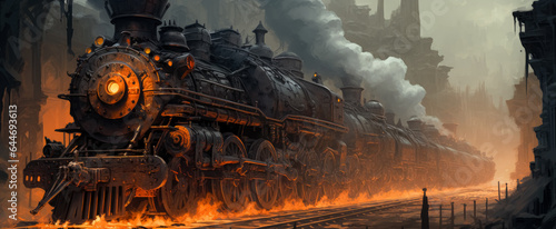 Steaming train on rail in background, in the style of fantasy art steampunk game concept. 