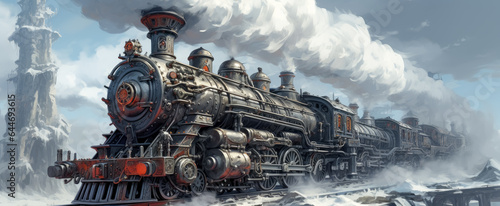 Steaming train on rail in background, in the style of fantasy art steampunk game concept. 
