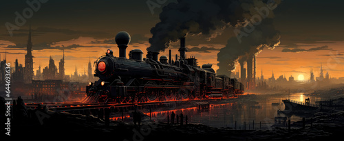Steaming train on rail in background, in the style of fantasy art steampunk game concept.   © Saulo Collado