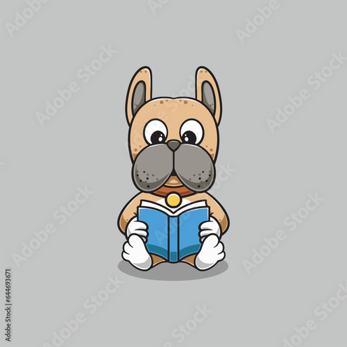 Cute bulldog reading cartoon illustration