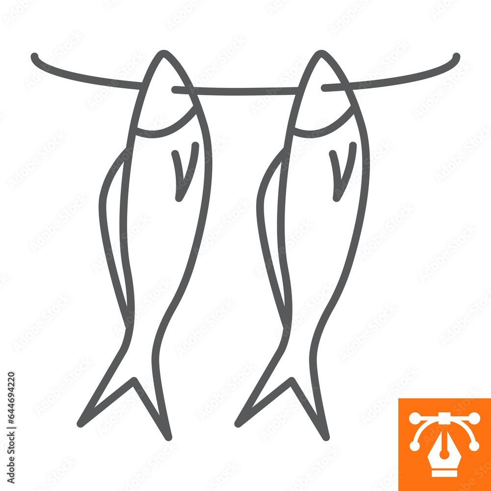 Dried fish line icon, outline style icon for web site or mobile app, oktoberfest and food, smoked fish vector icon, simple vector illustration, vector graphics with editable strokes. Dried fish line icon, outline style icon for web site or mobile app, oktoberfest and food, smoked fish vector icon, simple vector illustration, vector graphics with editable strokes.