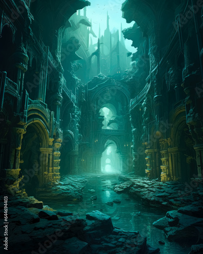 Lost temple under a cave, Dark fantasy game concept art, Hindu art and architecture. © Saulo Collado