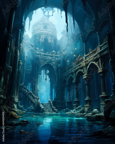 Lost temple under a cave, Dark fantasy game concept art, Hindu art and architecture.
