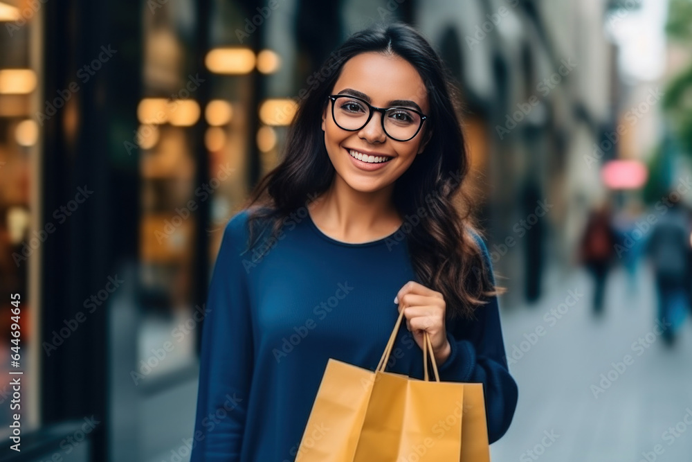 Happy young woman in eyeglasses holding shopping bags and smiling at camera in city