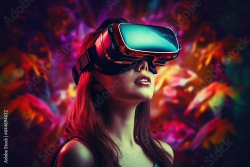 Young woman wearing VR augmented reality goggles in futuristic corridor of virtual art gallery exhibition, surreal world and virtual reality, Generative AI