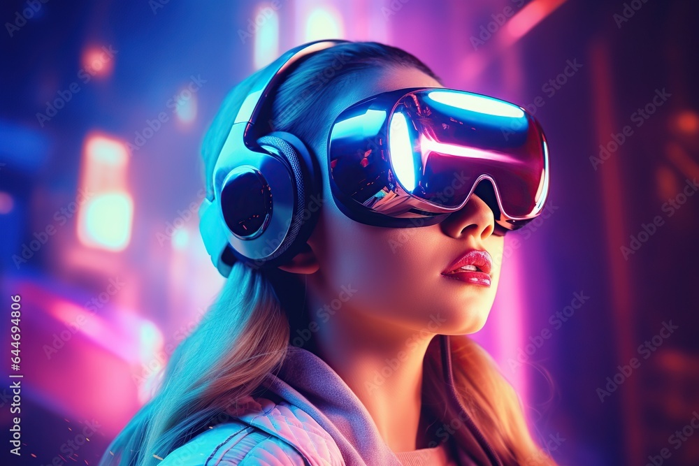 Young woman wearing VR augmented reality goggles in futuristic corridor of virtual art gallery exhibition, surreal world and virtual reality, Generative AI Young woman wearing VR augmented reality goggles in futuristic corridor of virtual art gallery exhibition, surreal world and virtual reality, Generative AI