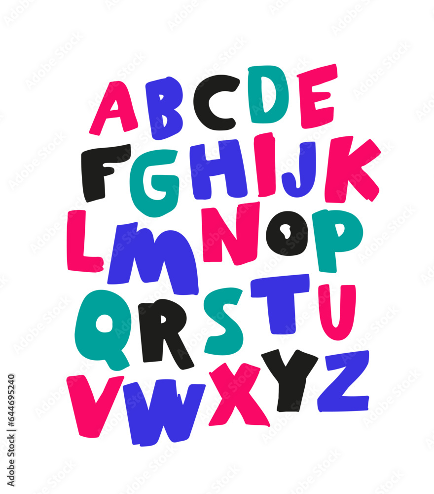 Colored capital letters of the English alphabet, drawn by hand with a marker. Lettering. Latin alphabet.