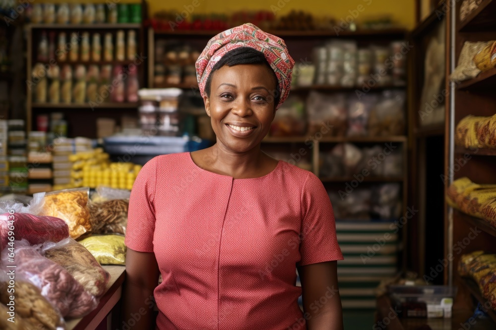 Smiling portrait of a happy middle aged female nigerian small business owner in her store or shop