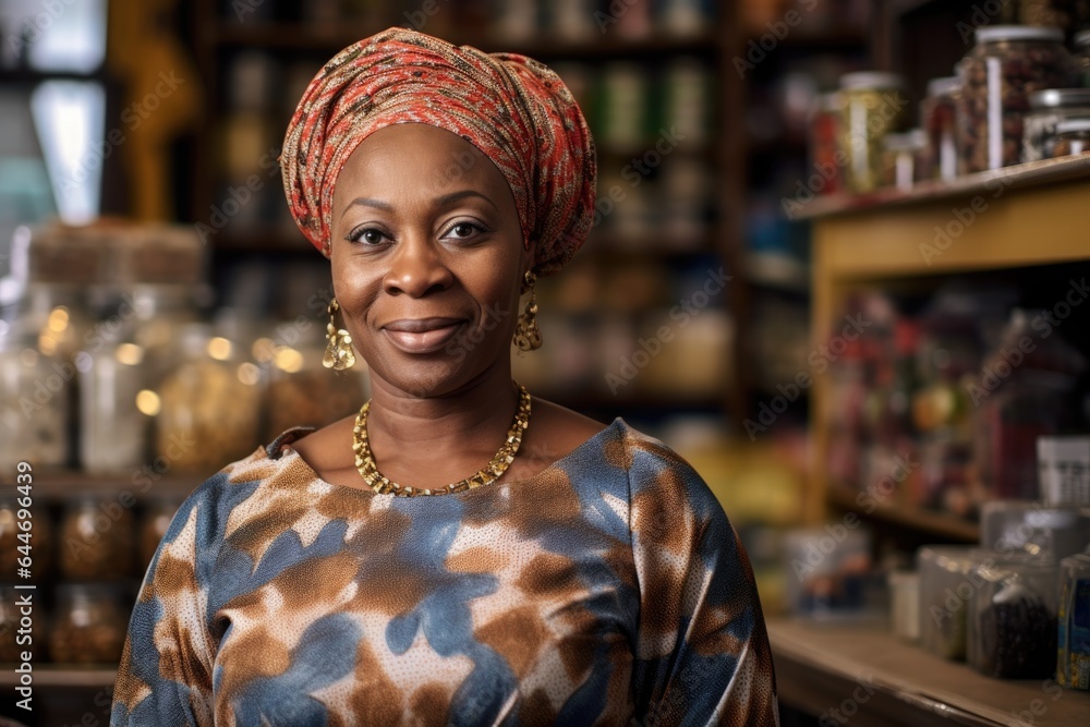 Smiling portrait of a happy middle aged female nigerian small business owner in her store or shop Smiling portrait of a happy middle aged female nigerian small business owner in her store or shop