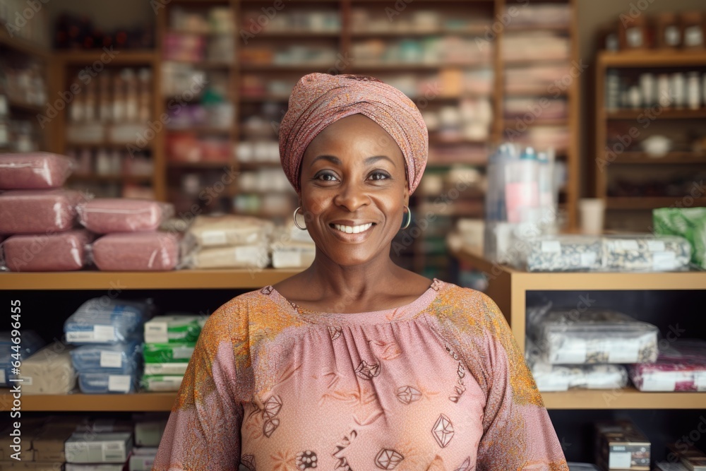 Smiling portrait of a happy middle aged female nigerian small business owner in her store or shop