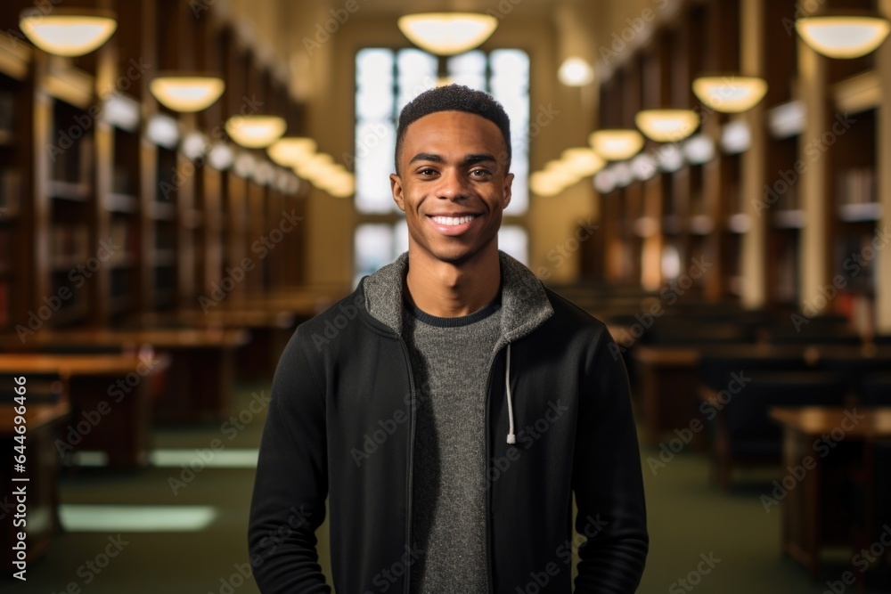 Smiling portrait of a happy young african american male student in a library of a college or university Smiling portrait of a happy young african american male student in a library of a college or university