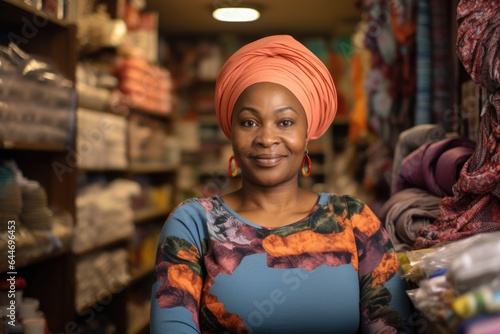 Smiling portrait of a happy middle aged female nigerian small business owner in her store or shop © Baba Images