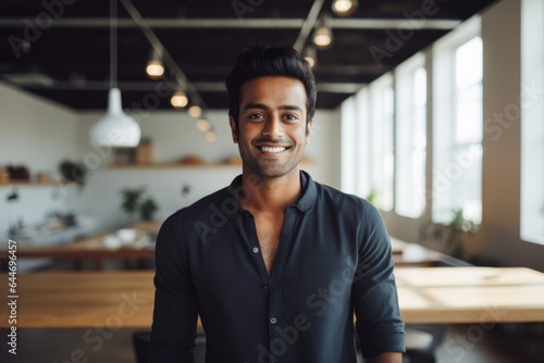 Smiling portrait of a happy young indian man working for a startup company in a office