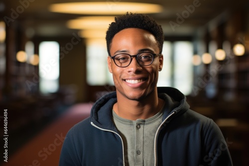 Smiling portrait of a happy young african american male student in a library of a college or university