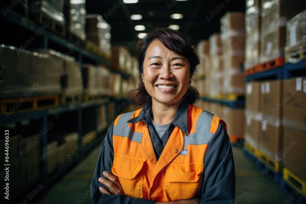 Smiling portrait of a happy female middle aged asian warehouse worker or manager working in a warehouse Smiling portrait of a happy female middle aged asian warehouse worker or manager working in a warehouse