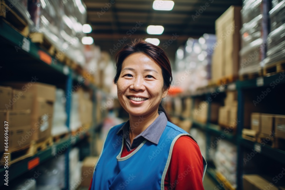 Smiling portrait of a happy female middle aged asian warehouse worker or manager working in a warehouse Smiling portrait of a happy female middle aged asian warehouse worker or manager working in a warehouse