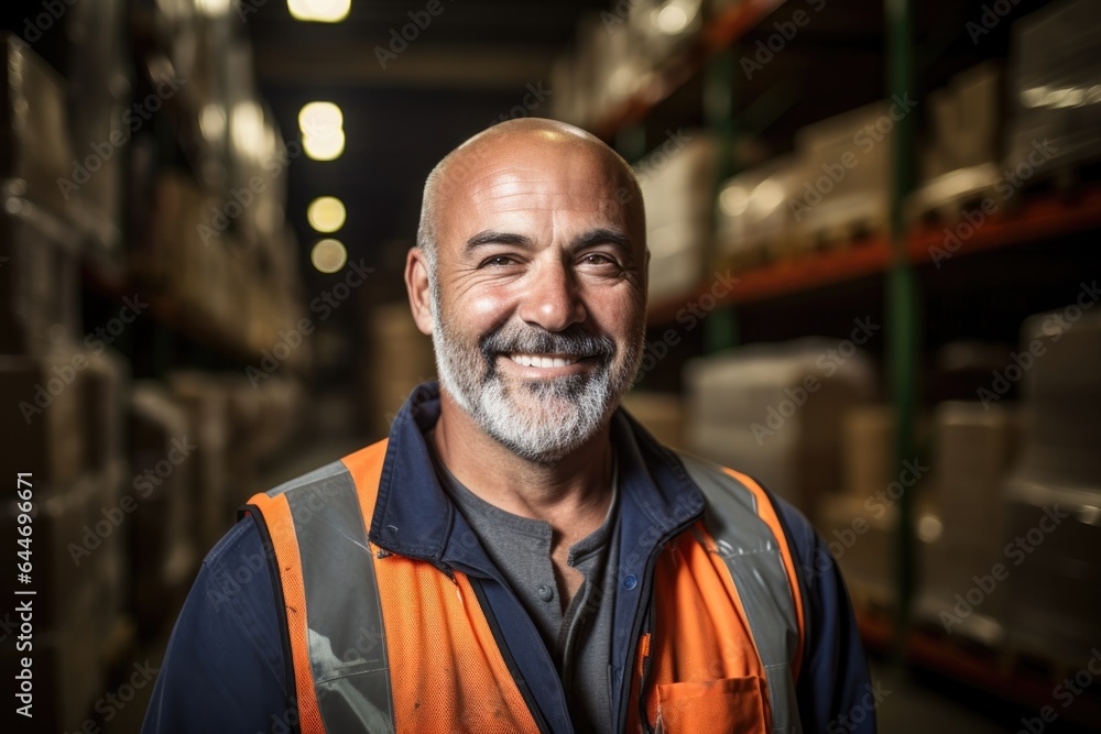 Smiling portrait of a hapyy middle aged warehouse worker or manager working in a warehouse Smiling portrait of a hapyy middle aged warehouse worker or manager working in a warehouse