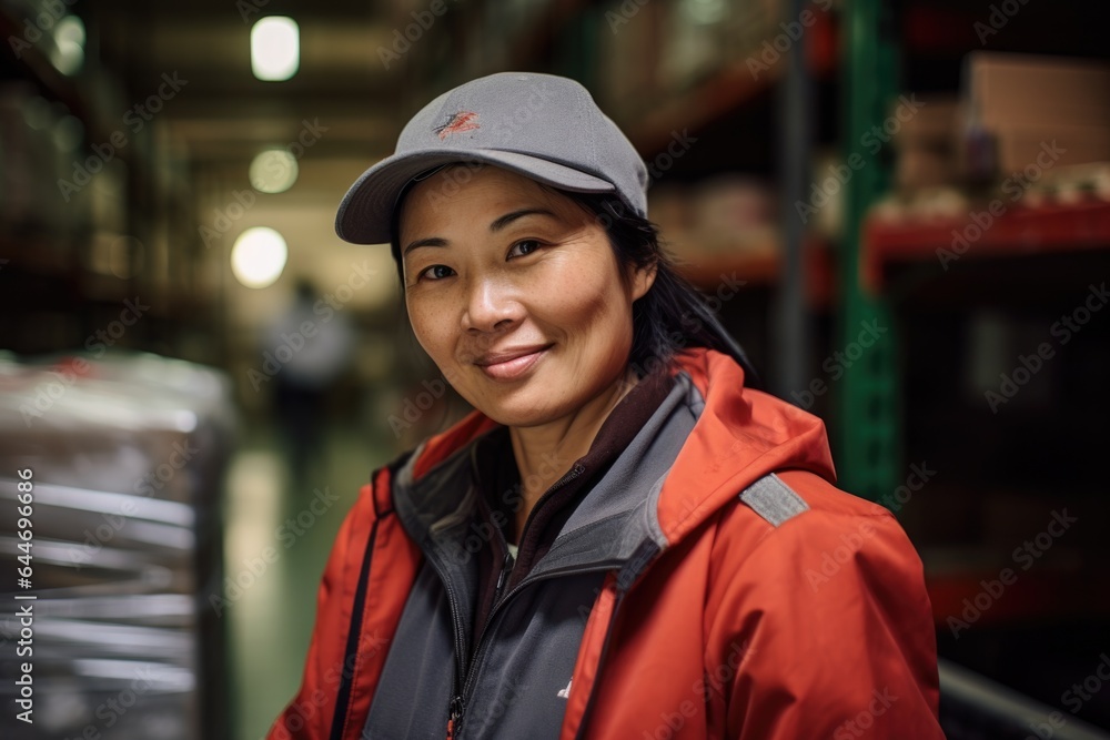 Smiling portrait of a happy female middle aged asian warehouse worker or manager working in a warehouse Smiling portrait of a happy female middle aged asian warehouse worker or manager working in a warehouse