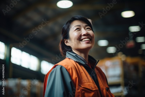 Smiling portrait of a happy female middle aged asian warehouse worker or manager working in a warehouse © Baba Images