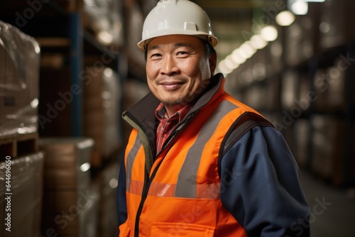 Smiling portrait of a happy female middle aged asian warehouse worker or manager working in a warehouse