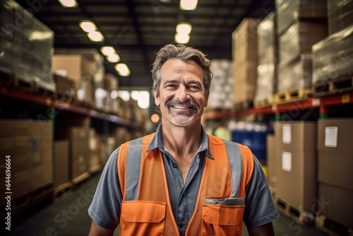 Smiling portrait of a hapyy middle aged warehouse worker or manager working in a warehouse