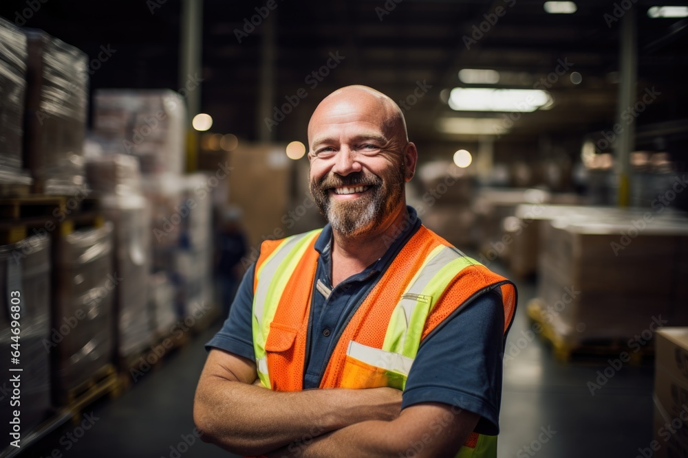 Smiling portrait of a hapyy middle aged warehouse worker or manager working in a warehouse Smiling portrait of a hapyy middle aged warehouse worker or manager working in a warehouse