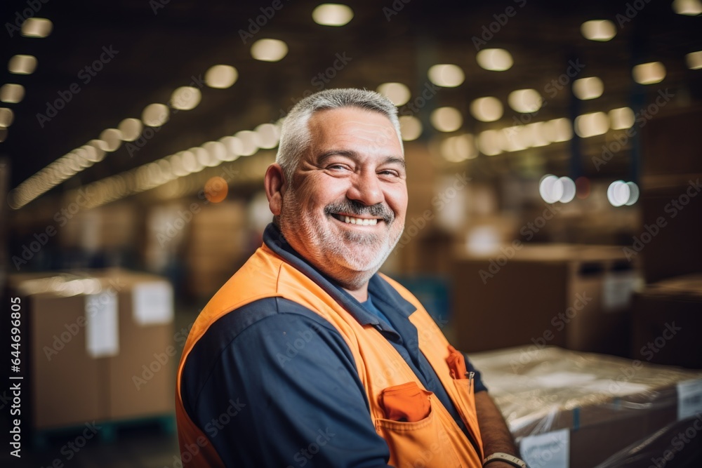 Smiling portrait of a hapyy middle aged warehouse worker or manager working in a warehouse Smiling portrait of a hapyy middle aged warehouse worker or manager working in a warehouse