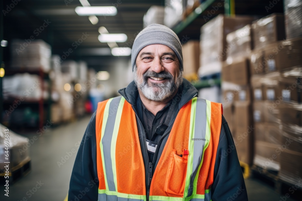 Smiling portrait of a hapyy middle aged warehouse worker or manager working in a warehouse Smiling portrait of a hapyy middle aged warehouse worker or manager working in a warehouse