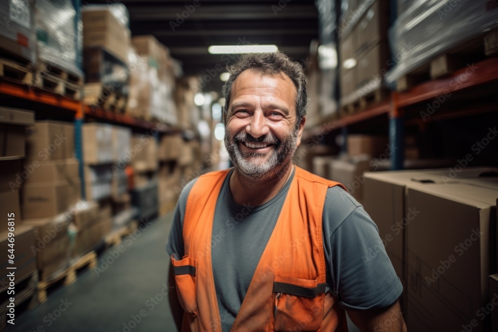 Smiling portrait of a hapyy middle aged warehouse worker or manager working in a warehouse Smiling portrait of a hapyy middle aged warehouse worker or manager working in a warehouse
