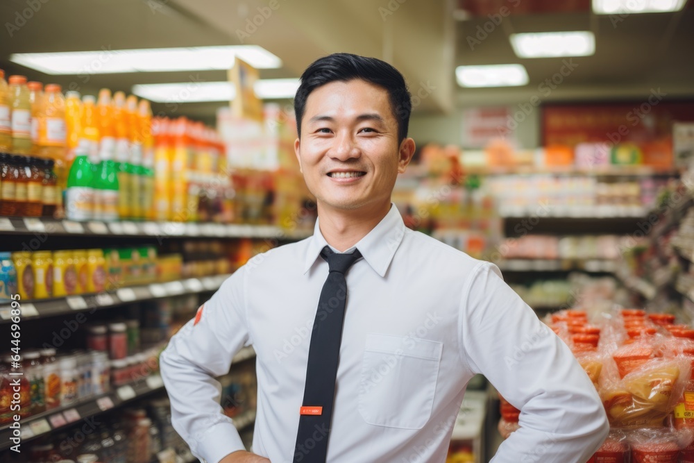 Young male asian supermarket manager or worker working in a supermarket or grocery store