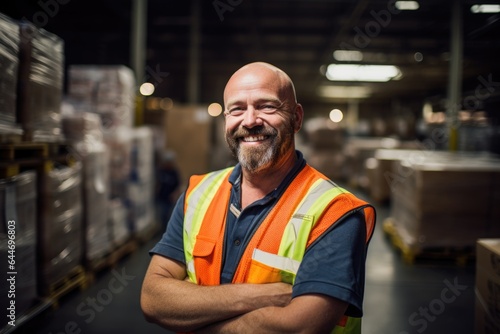 Smiling portrait of a hapyy middle aged warehouse worker or manager working in a warehouse © Baba Images