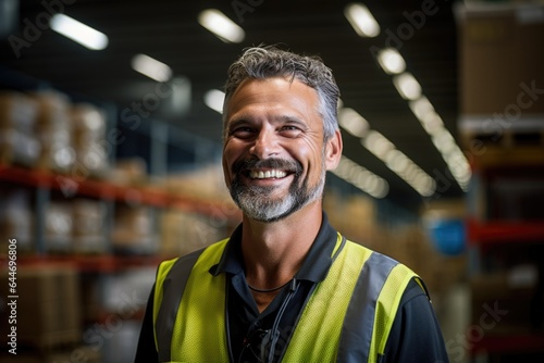 Smiling portrait of a hapyy middle aged warehouse worker or manager working in a warehouse