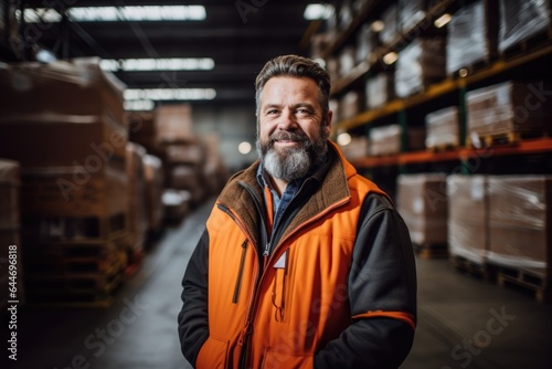 Smiling portrait of a hapyy middle aged warehouse worker or manager working in a warehouse