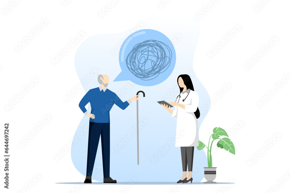 Doctor and patient. Brain disease concept. Male and female medical conversation with senior. Speech bubble with tangled thread confusion symbol. Design for healthcare. vector flat people illustration. Doctor and patient. Brain disease concept. Male and female medical conversation with senior. Speech bubble with tangled thread confusion symbol. Design for healthcare. vector flat people illustration.