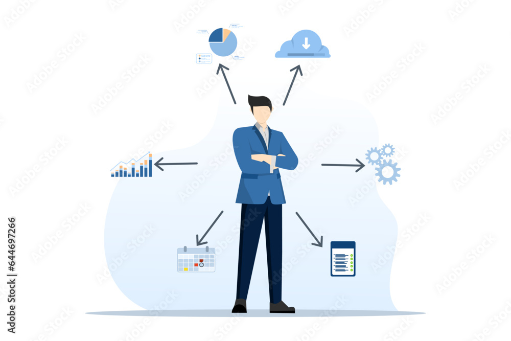 Concept of business data analysis, management tools, intelligence, corporate strategy development, data-driven decision making. flat vector illustration on white background. Concept of business data analysis, management tools, intelligence, corporate strategy development, data-driven decision making. flat vector illustration on white background.