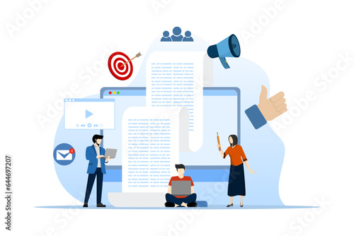 Blog concept. Bloggers create photo and video content, write new posts for social media networks. Influencer marketing. Published blog articles, digital content and promotion on social media.