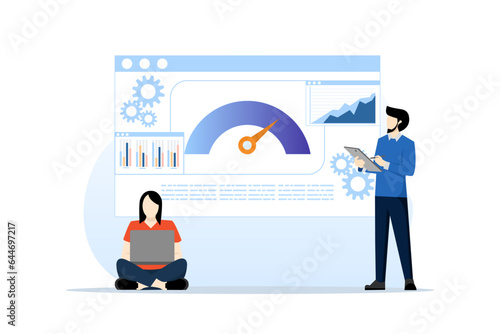 Benchmark indicator illustration concept. Compare business processes, indicators, performance metrics with the best. Measuring, testing with analysis charts. Flat vector illustration on background.