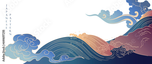 Japanese background with hand drawn line wave pattern vector. Abstract template with geometric pattern. Ocean sea backdrop layout design in oriental style. Chinese cloud elements.