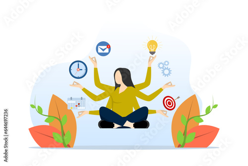 concept of multitasking or project management, task or work efficiency, productivity or time management, balancing work responsibilities, productive woman with many hands handling multitasking work.