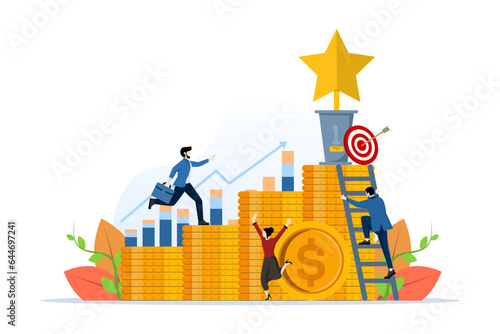 Struggle for success concept, man climbing coin graph, investment management, money growth and profit graph, career growth to success, flat color icon, business analysis, vector illustration.