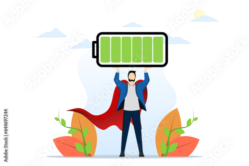 full battery recharge concept, full energy to work or refresh yourself from fatigue, fatigue recovery, productive and efficient, energetic businessman superhero carrying full rechargeable battery.
