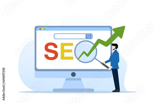 SEO or Search Engine Optimization concept, website search results, advertising or marketing to improve web ranking or user discovery concept, team analysis to optimize SEO. flat vector illustration.