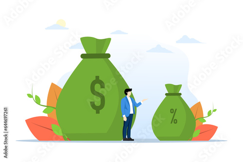 commission payment concept, interest rate for loan repayment or investment profit percentage, incentive to reward or motivate, businessman seller standing with money bag and commission portion.